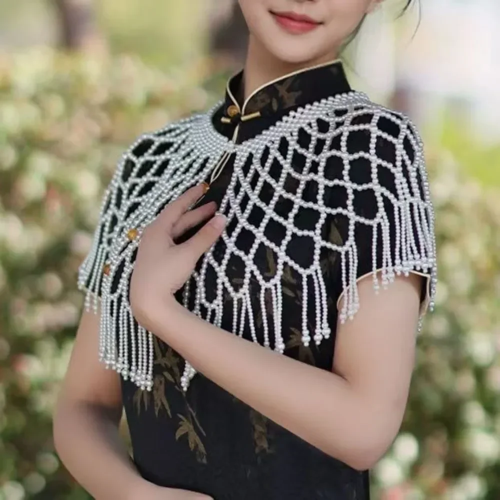 

Элегантная ажурная свадебная накидка с жемчугом, жемчужная цепочка на плечо ручной работы, расшитая бисером, свадебные накидки для платья