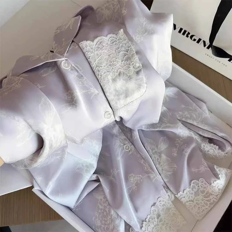 High Quality Women's Pajamas Ice Silk New Pijama Mujer Set Long Sleeve Pants Spring Autumn Fashion lace stitching sleepwear