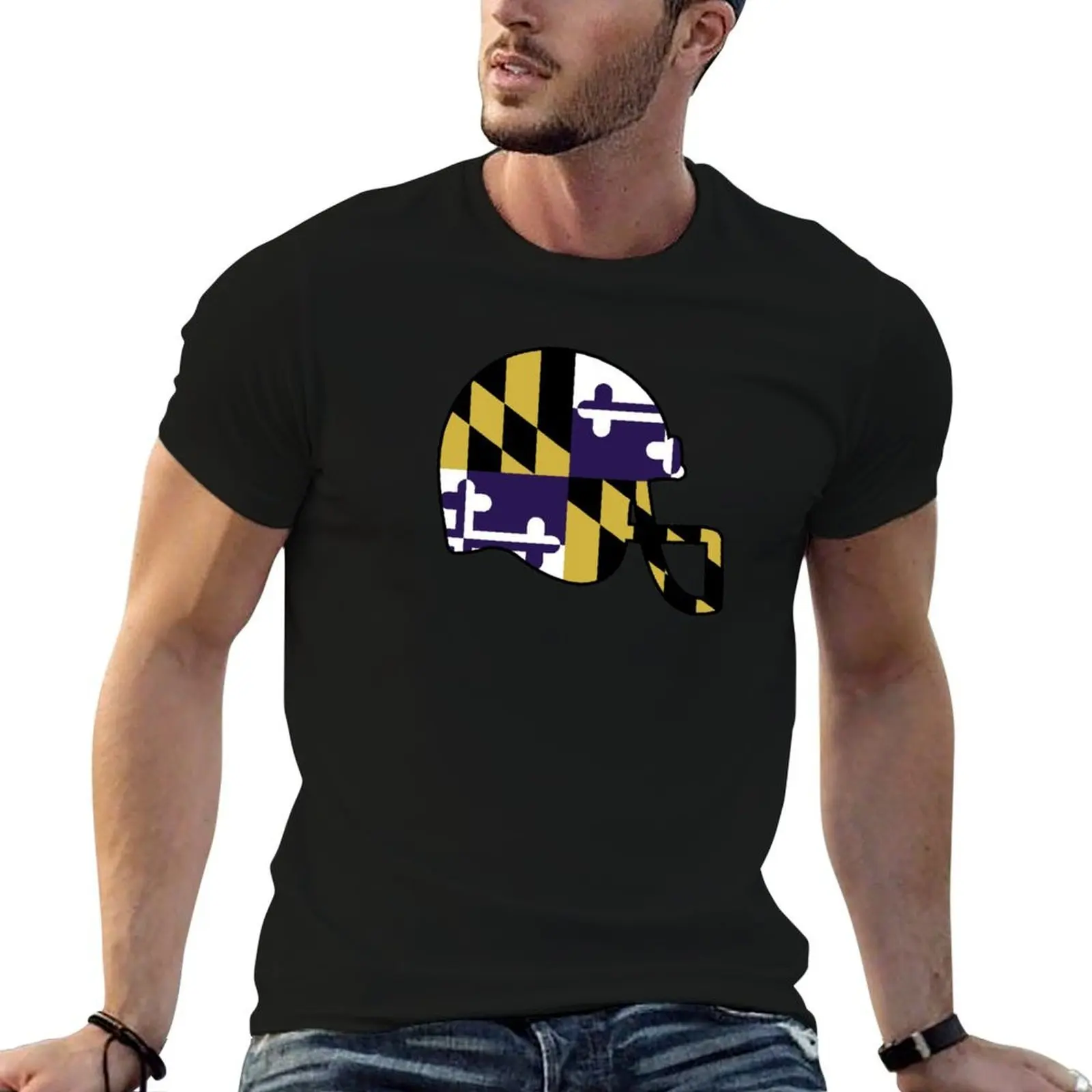 Football Helmet with Maryland Flag and Raven Colors T-Shirt Modern Print Casual T-Shirt