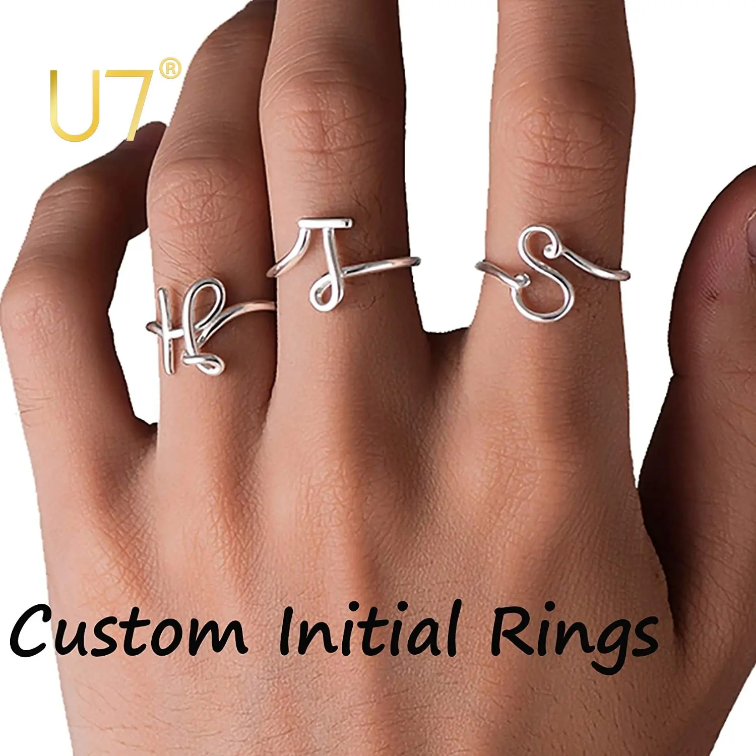 U7 925 Sterling Silver Initial Letter Ring Open Adjustable Women Statement Couple Rings Party Jewelry