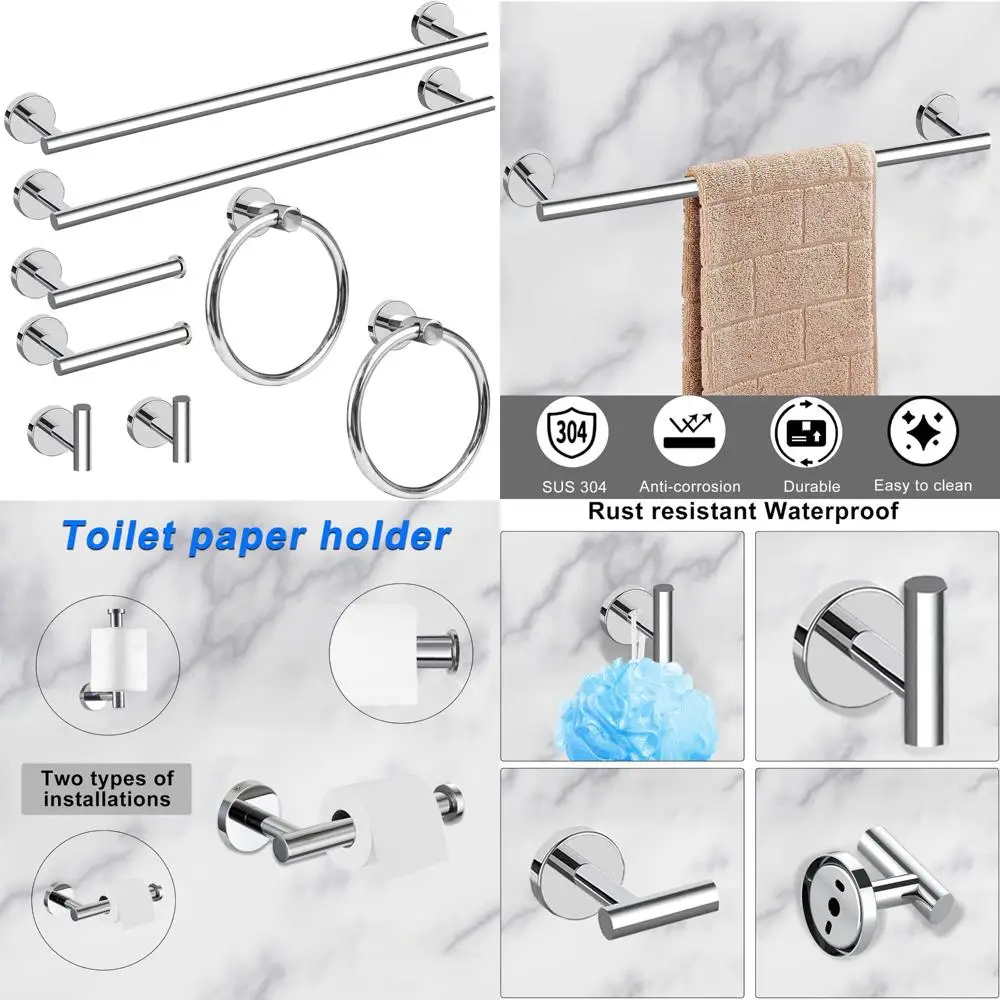 Polished Chrome Bathroom Hardware Set - 8 Piece Towel Bar, Ring, Toilet Paper Holder, Robe Hook, 24 Inch