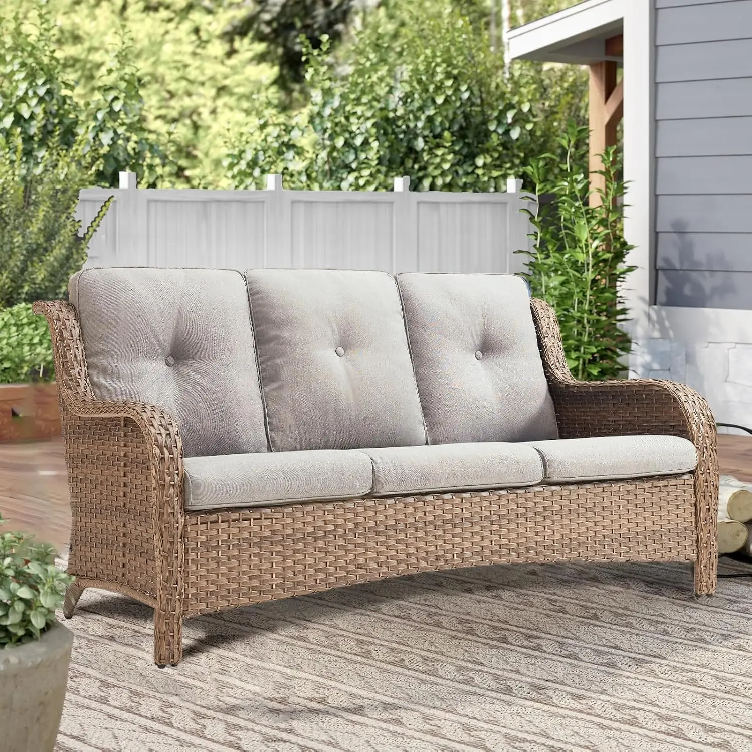 

Outdoor Couch All Weather PE Wicker Patio Sofa Outdoor Sofa Deep Seating for Porch Deck Backyard-Yellow/Beige