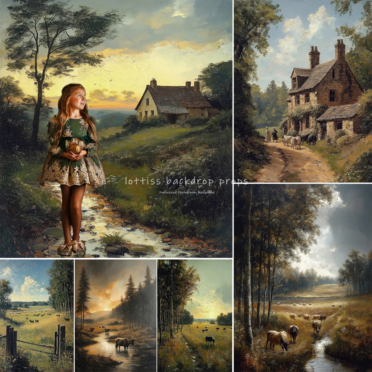 

Деревенские коровы, ферма, река, пейзаж, картина маслом, фотофоны, свадебные фоны для детей и взрослых, фотосессия, закат, сельская местность, фоны