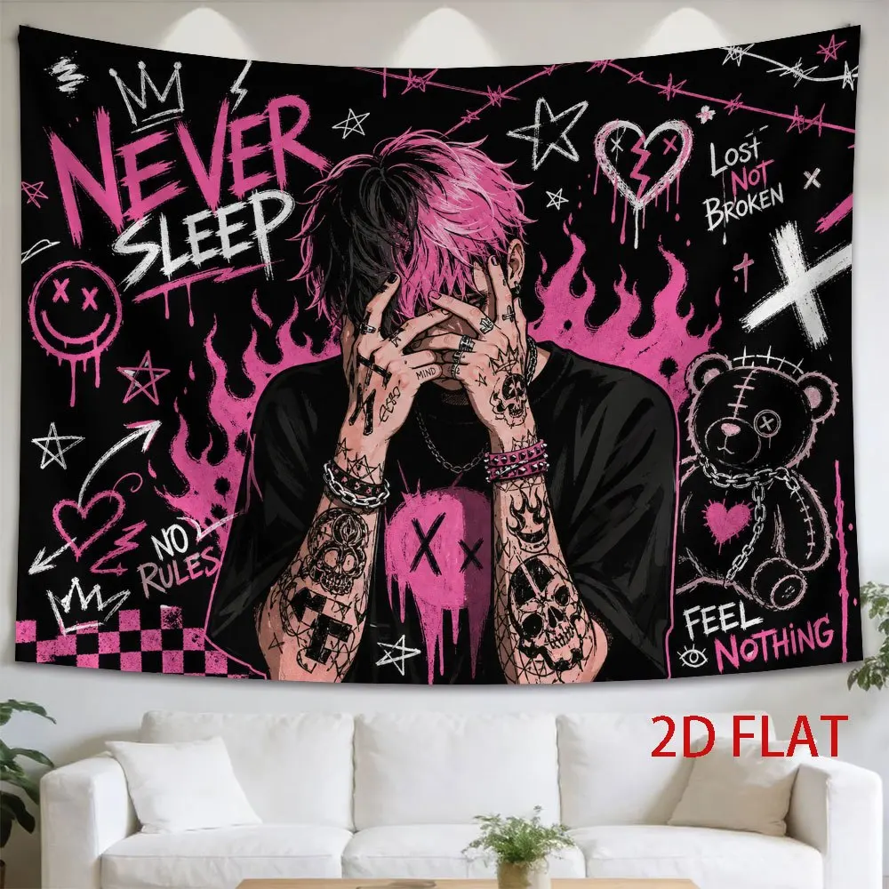 Never Sleep Aesthetic Grunge Rock Band Style Wall Tapestry Black Pink Art Decor for Bedroom Man Cave