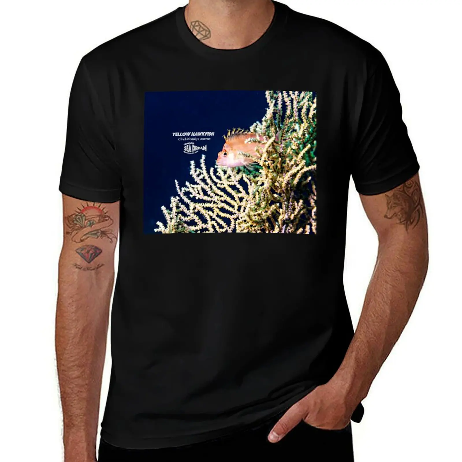 

Cute Yellow Hawkfish onthe sea-fan. T-Shirt graphic t shirts for man cotton tshirt 100% T-Shirt