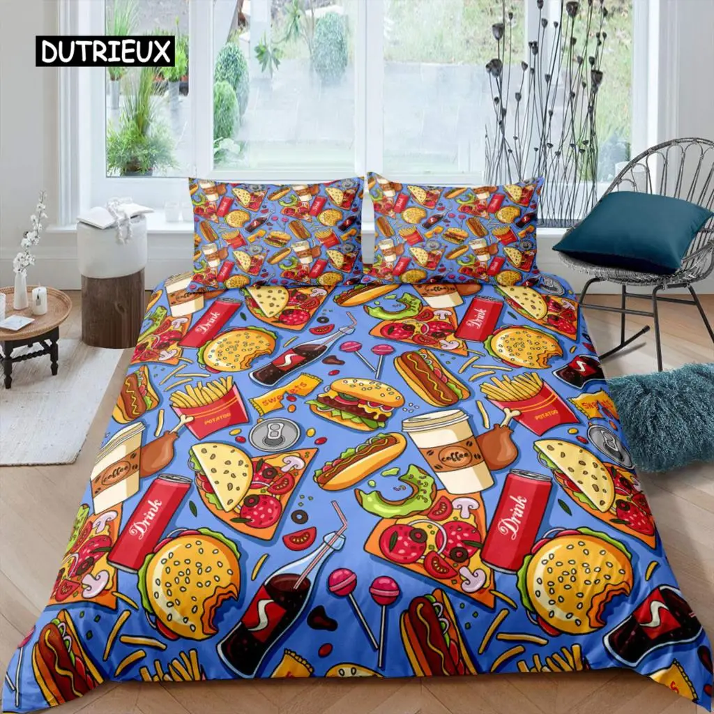 American Fast Food Duvet Cover Set Full Size Polyester Pizza Hotdog Hamburger Print Bedding Set French Fries Cartoon Quilt Cover