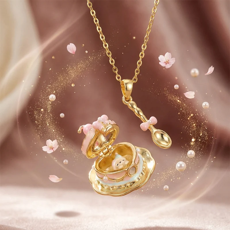 New Fashion Cup Teaspoon Cake Box Open Pendant Necklace Clavicle Chain Enamel Sweet Girl Birthday Gift Necklace Jewelry Necklace