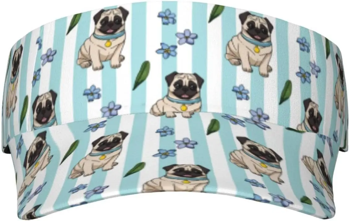 Sport Sun Visor Hat Cute Sitting Pugs With A Blue Collar Unisex Sun Hat Cap For Hiking Beach