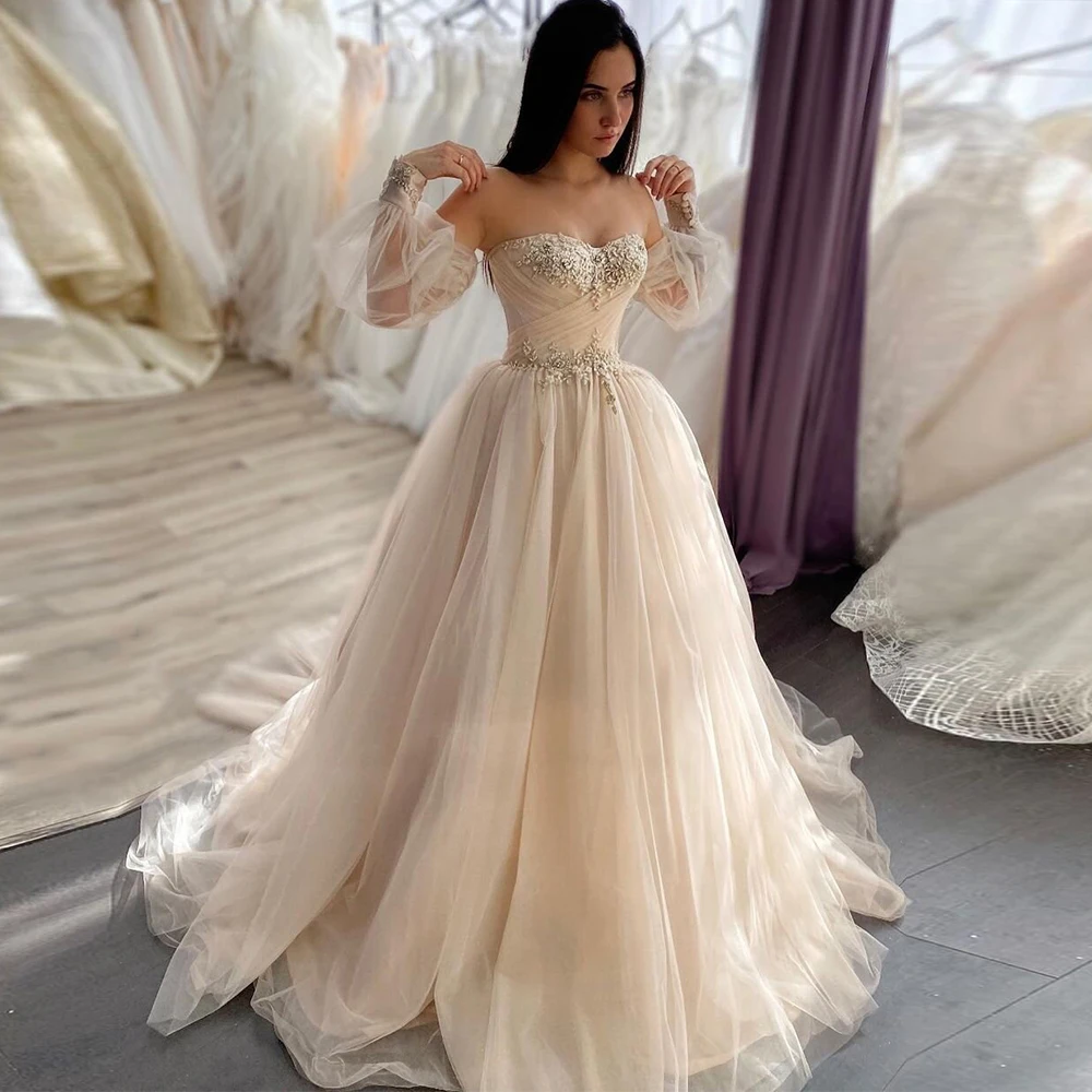 Luxury Elegant Party Dresses Woman Lvory Tulle Ruched Beading Sequined Rhinestone Wedding Party A-line Sweetheart Long Dresses