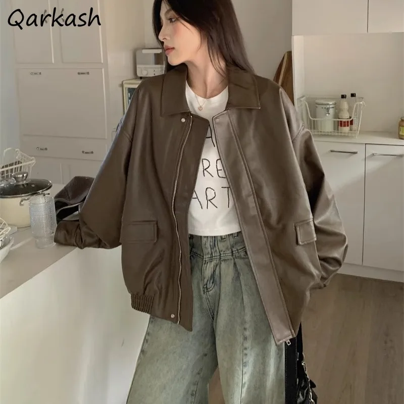 

PU Jackets Women Korean Fashion Turn-down Collar Cropped All-match Solid Simple Causal Temperament College Autumn Streetwear Ins