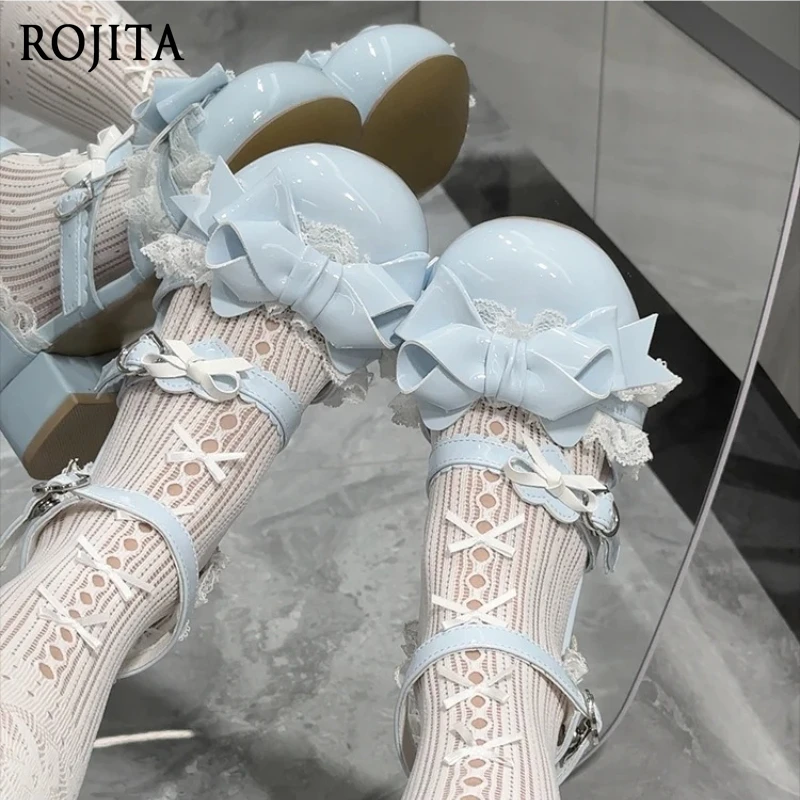 

Spring Summer Lolita Sweet Girl Bow Round Toe Sandals Candy Color 2025 New Lace Patchwork Mid-Heel Single Shoes Women