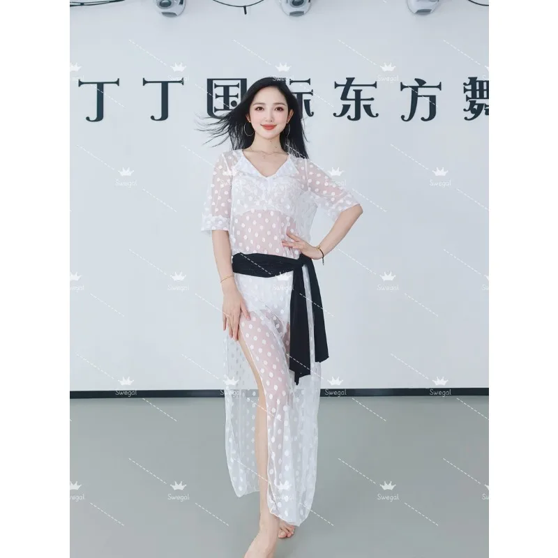 Abito da danza del ventre Swegal personalizzato 2025 Nuovo abito da pratica Abito in maglia a pois bianco Baladi sciolto