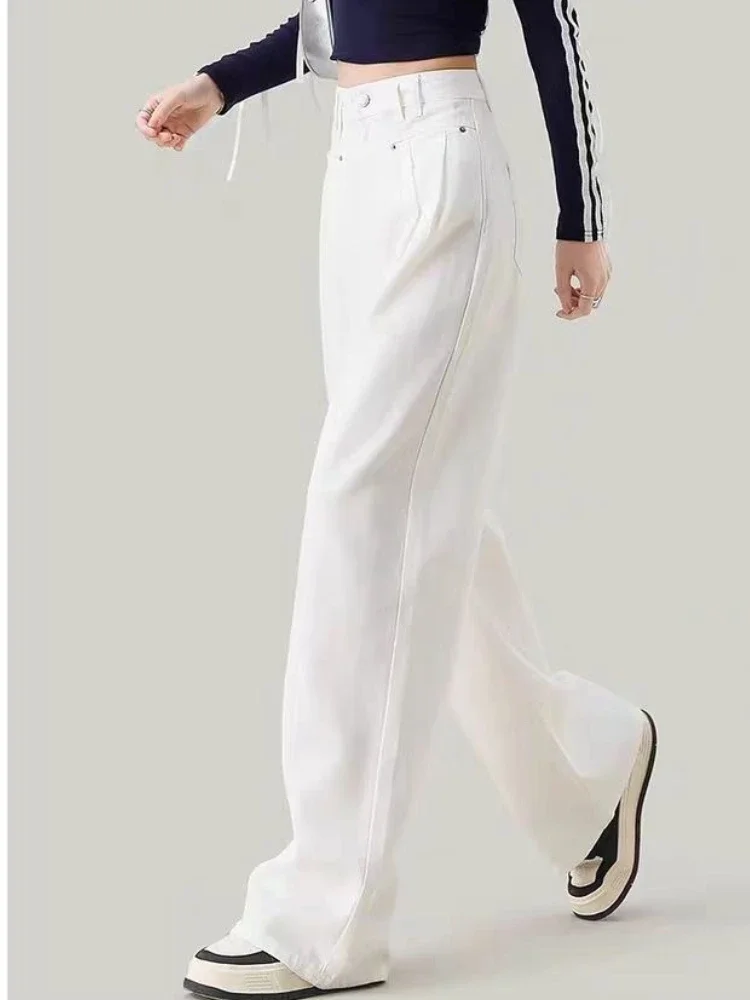 Calça jeans feminina vintage calças retas outono primavera moda feminina branco preto calças de perna larga jeans casuais
