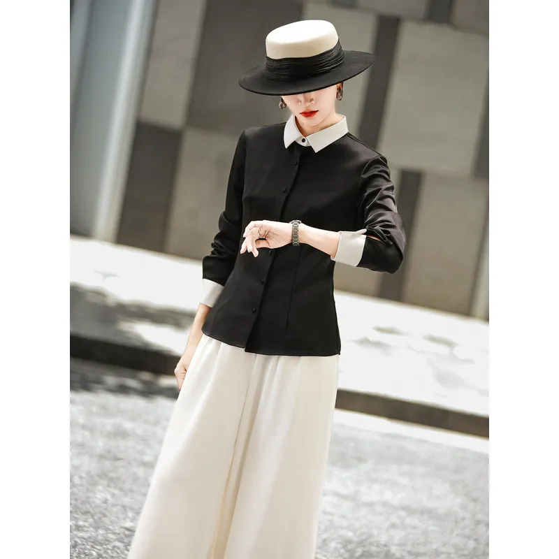 MEXCOCO Women Spring Autumn New Arrival Elegant Commuter Office Color‑block Lapel Single‑breasted Slim Fit Shirt Blouse Tops