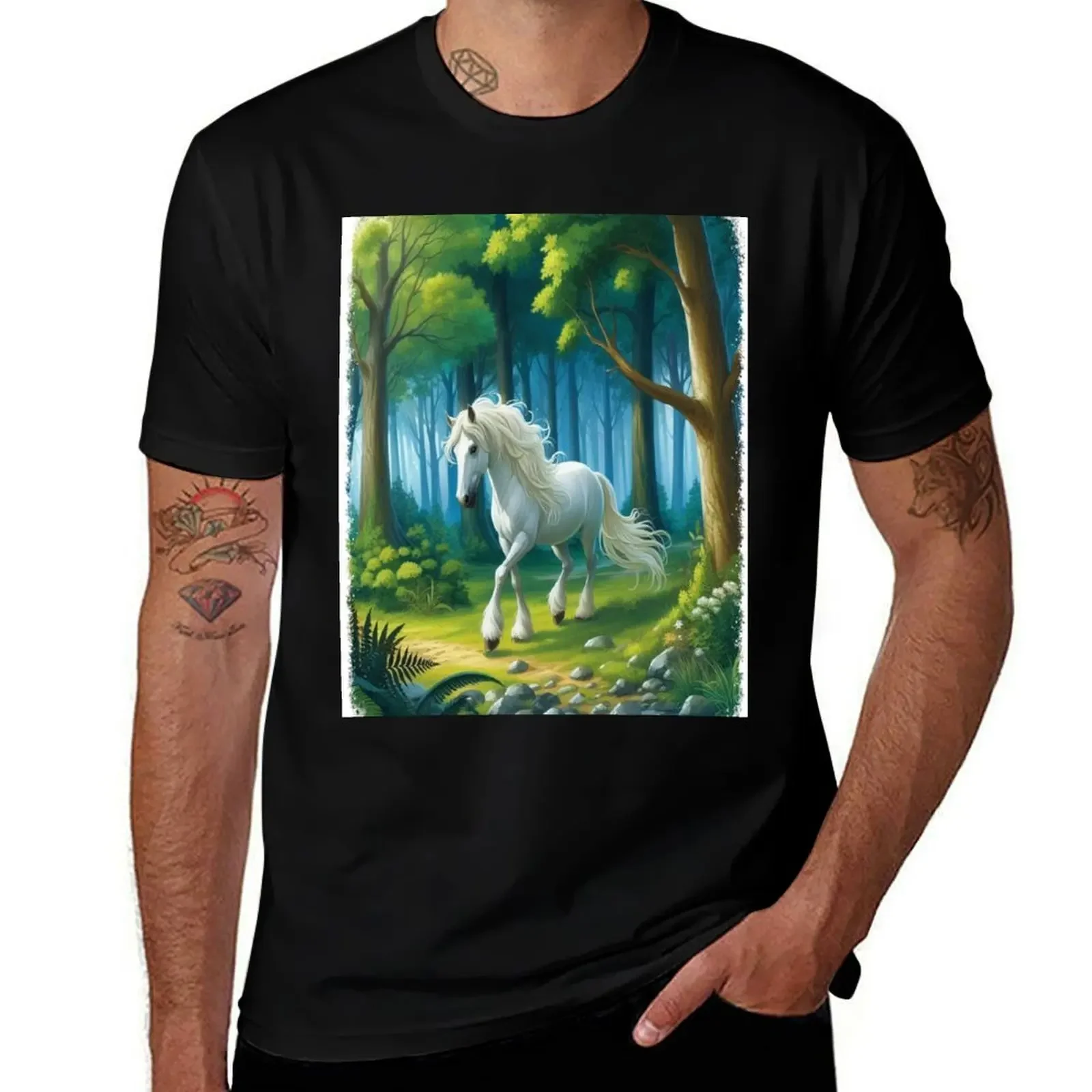 

Majestic White Horse – элегантность в движении, сила и извлечение в дикой природе Футболка корейская мода Мужская одежда