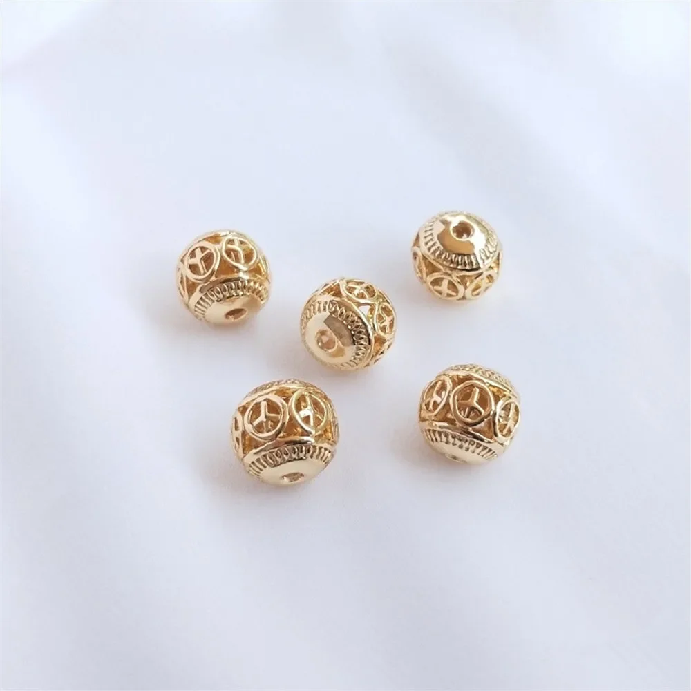 14K Gold Plated Hollow out flower ball heart copper coin grain round beads DIY ornaments bracelet loose beads 10mm