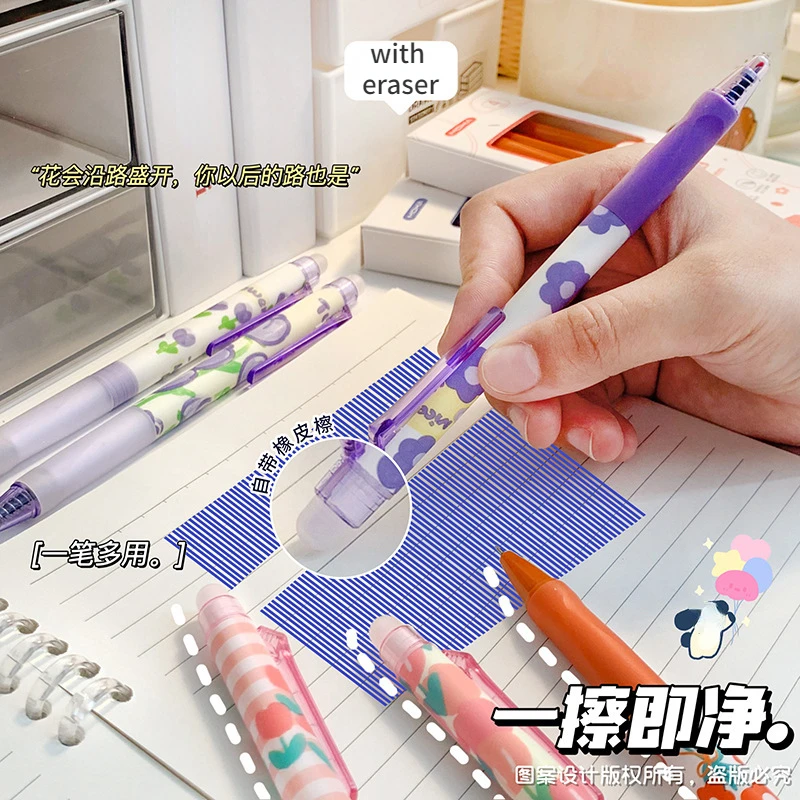 Kawaii Flor Apagável Gel Canetas para Meninas, Esferográfica De Recarga Colorida Azul, Canetas De Escrita, Material Escolar, Papelaria, 0.5mm, 4Pcs