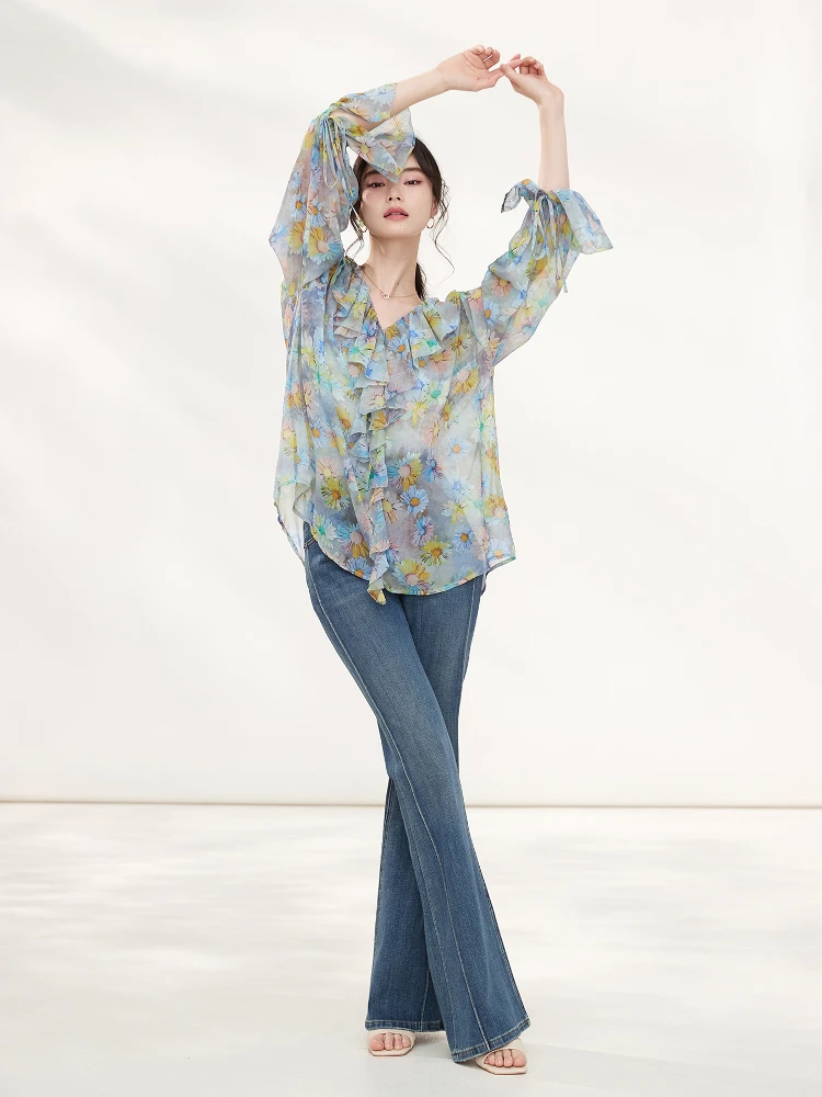 

Ele Floral Print Silk irt Women's Faionable Spring Top Korean Sle Loose Fit Long Sve Breathable Comfortable