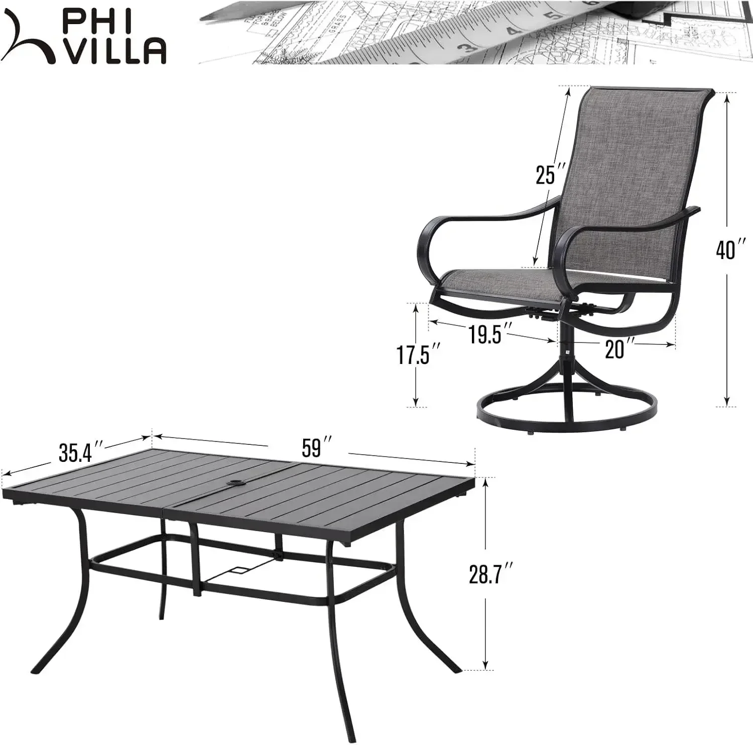 Juego de comedor para patio de 7 piezas, juego de mesa y sillas para exteriores con 6 sillas giratorias para patio y 1 mesa de comedor de metal