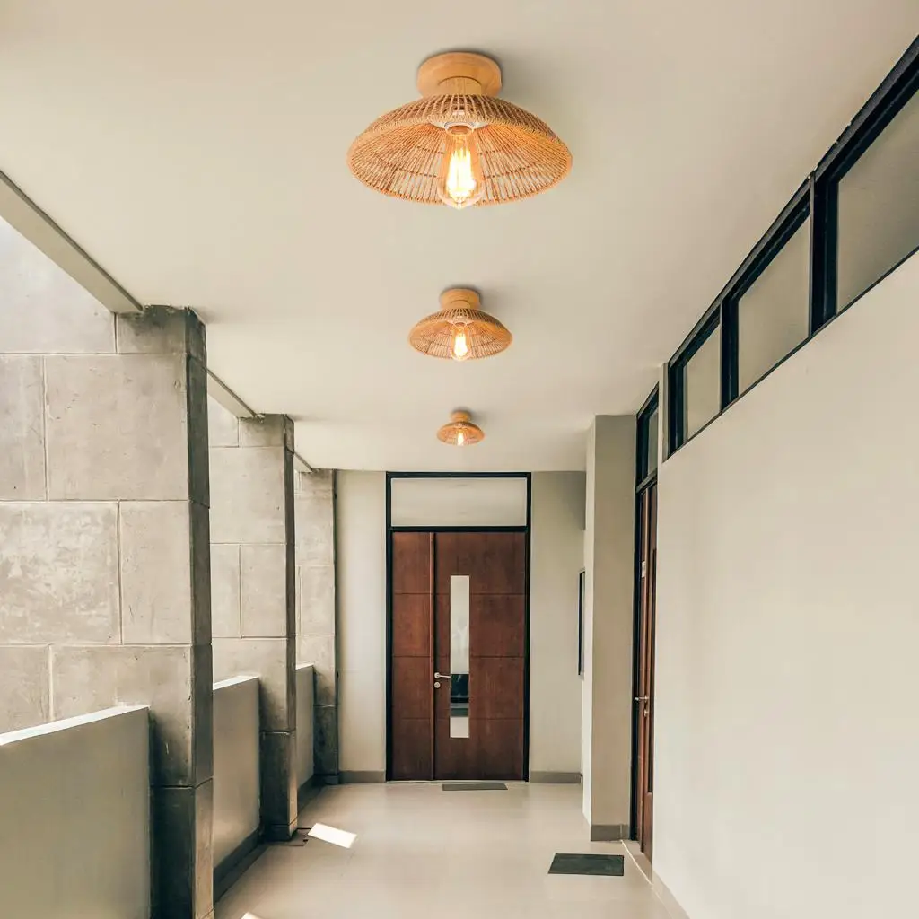 حبل القنب ضوء السقف الثريا المنسوجة يدويا الروطان النسيج مصباح السقف غرفة المعيشة غرفة نوم ديكور المنزل تركيبة إضاءة E27