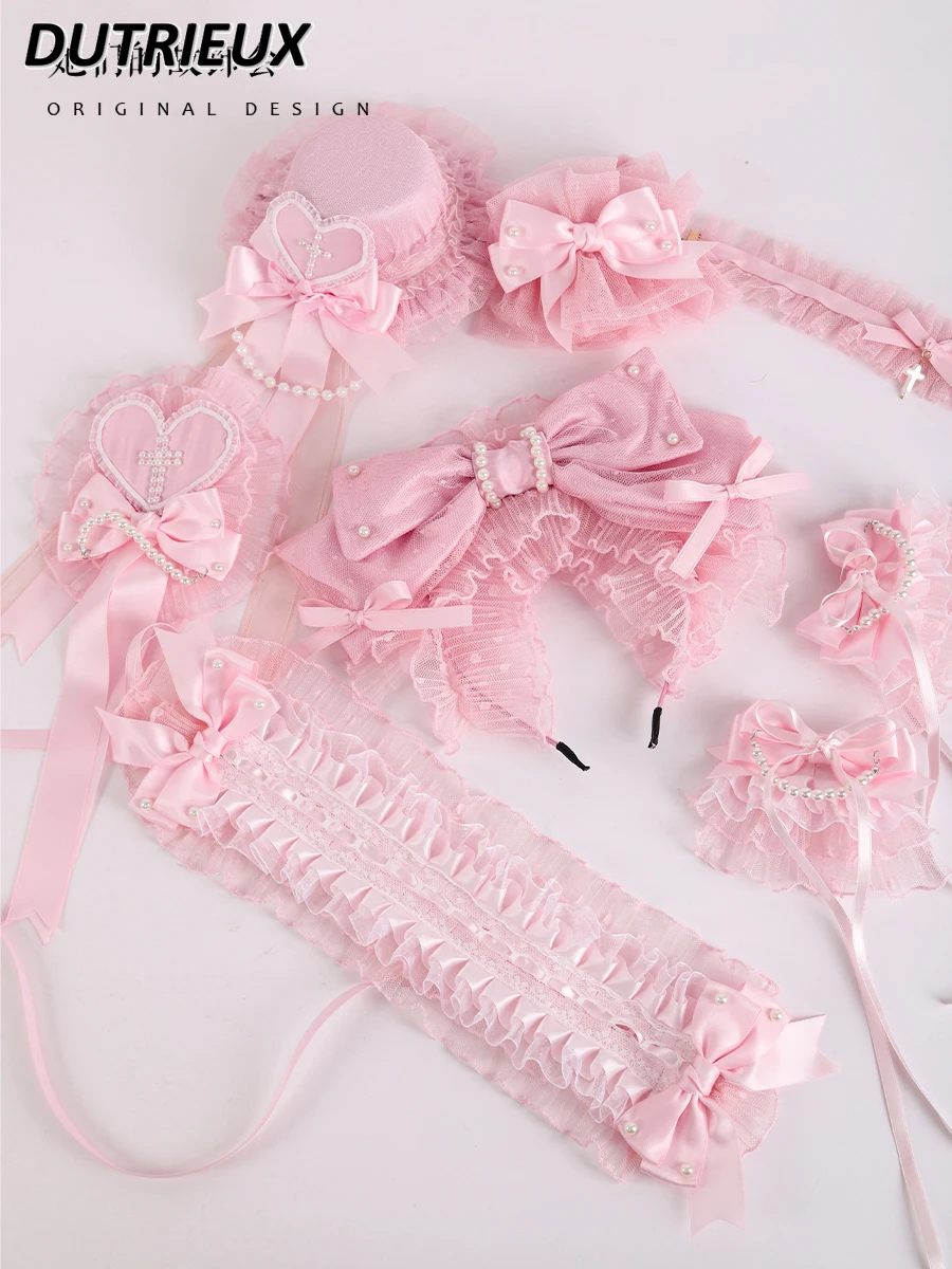 Japanese Style Original Lolita Pink Hair Accessories Top Hat Headband Sweet Cute Girl Bow Hairpin Hand Sleeve Headband