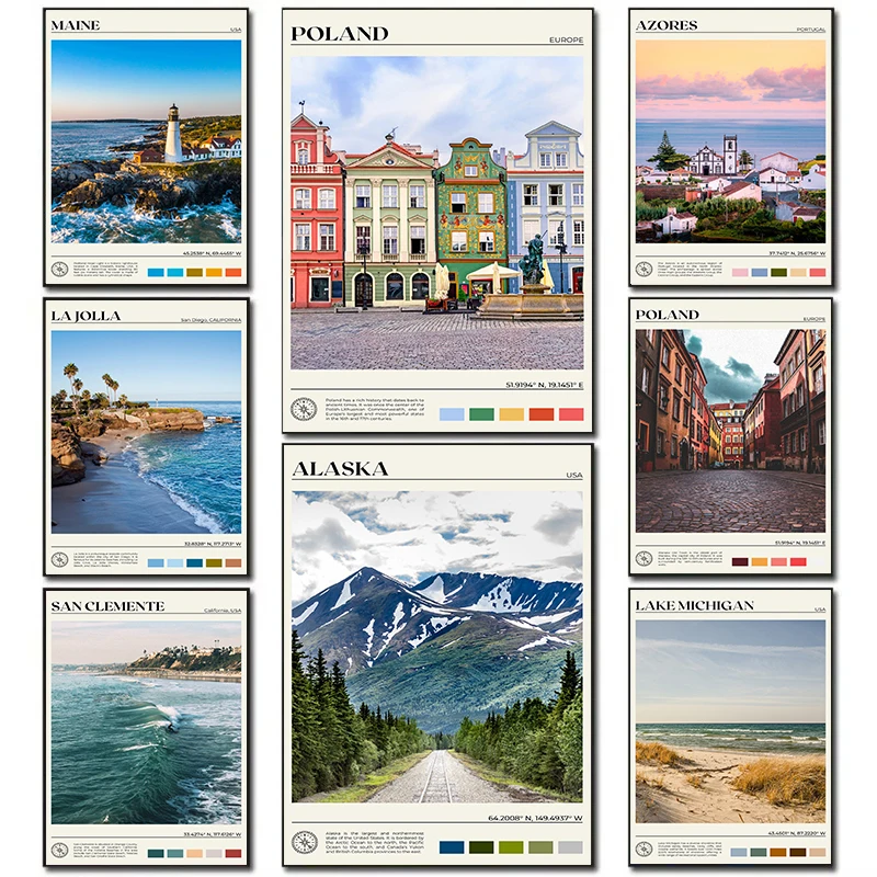 Pósteres populares de viaje para vacaciones en la ciudad, paisaje de fantasía colorido, objetivos, pinturas en lienzo, imágenes artísticas de pared, decoración del hogar para habitación