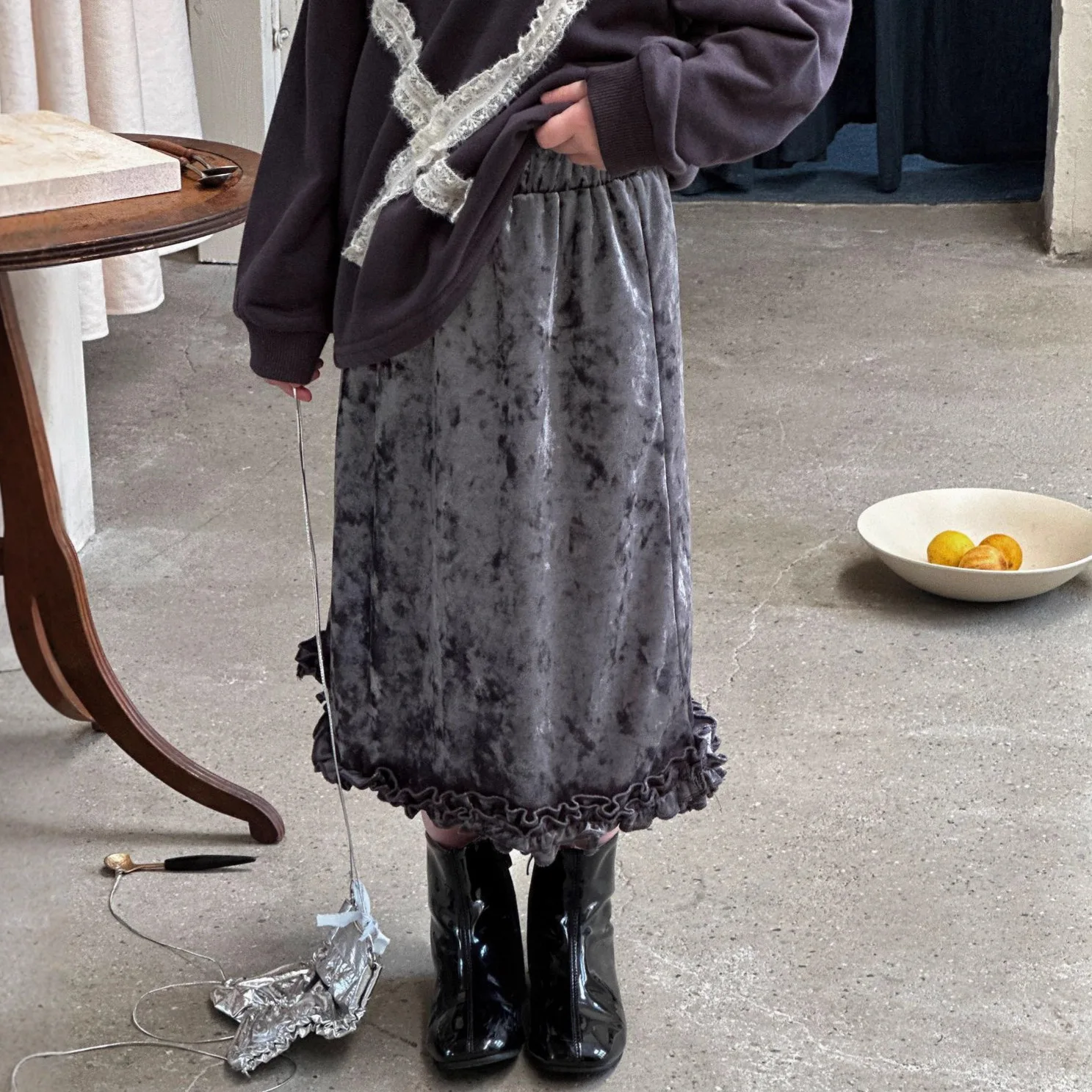 Girls' Golden Velvet Skirt Children's Autumn and Winter New Lace Skirt Baby Fashionable Versatile Medium and Long Skirt