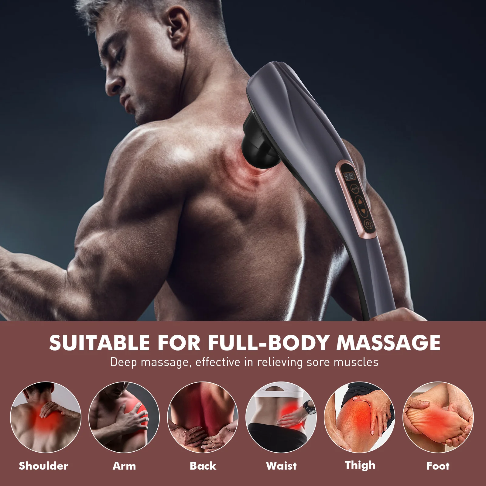 

Dolphin Shaped Massager Handheld Electric 12 Modes Full Body Neck Back Legs Arms Abdomen Waist Heat Display Screen Rechargeable