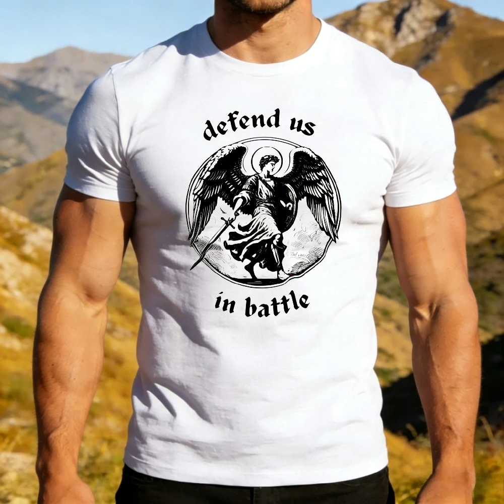 

Defend Us in Battle Archangel Michael Graphic T Shirt Men Cotton Vintage Christian Faith Short Sleeve Warrior Religious Casual T