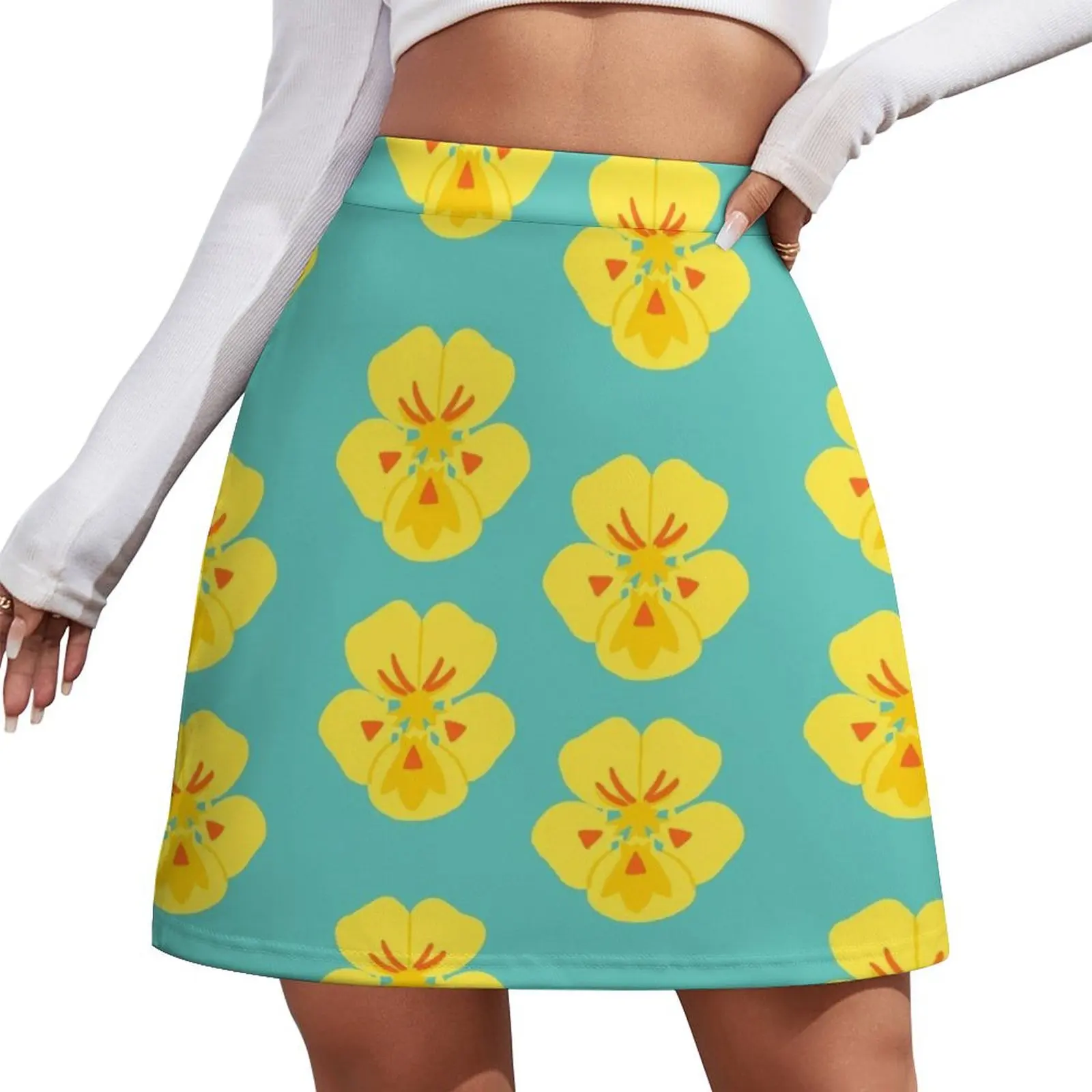 Nasturtiums on Blue Mini Skirt korean ladies summer women's stylish skirts Mini Skirt