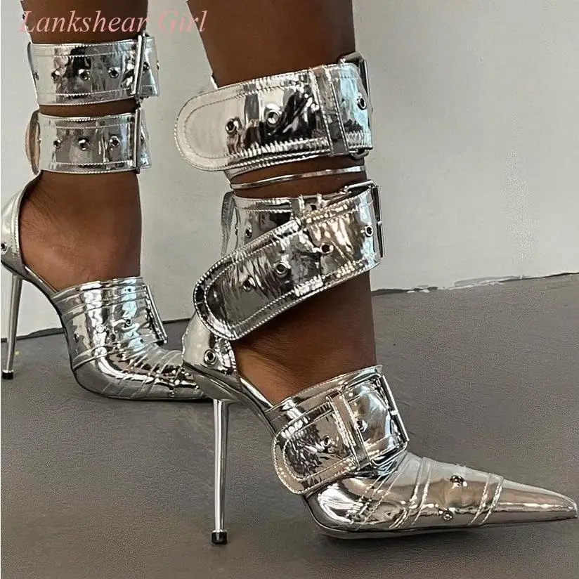 

Lady Sexy Shiny Silver Metal Women Shoes Belt Ankle Strap Buckle Pointed Toe High Heel Pumps for Women Large Size 35-43