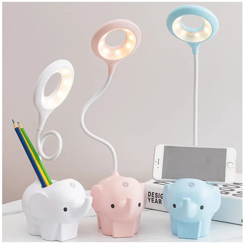 Led Table Lamp Creative Elephant Animal Charging Plug-in Dual-Use Three-Color Temperature Adjustable Bracket Learning Desk Lamp