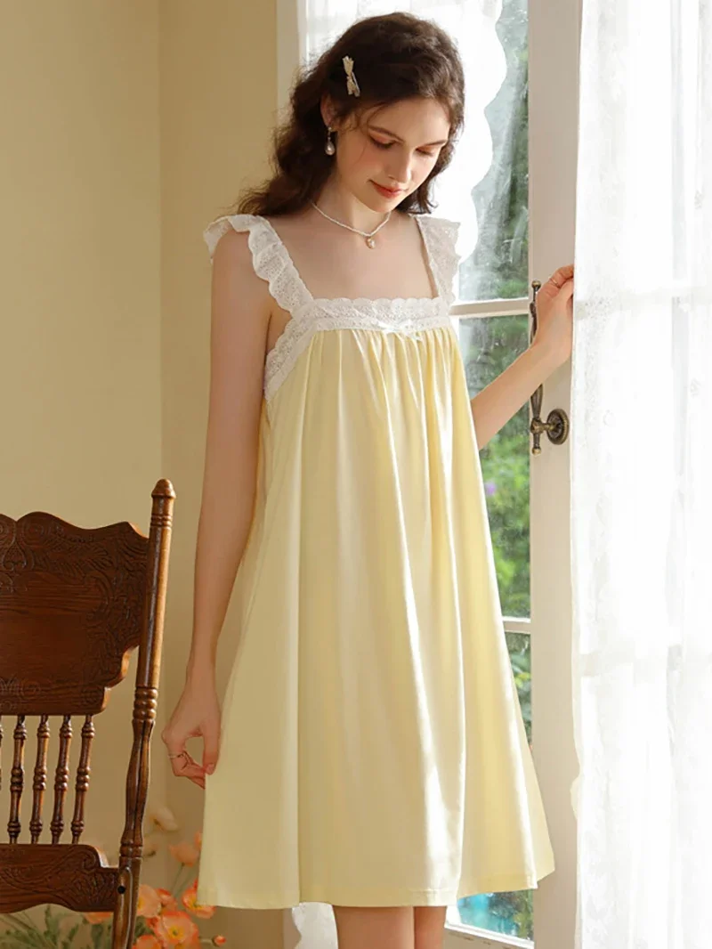 Female Summer Victorian Nightgowns Ruffles Cotton Lace Hollow Out Nightdress Women Sweet Vintage Princess Sexy Loose Sleepwear