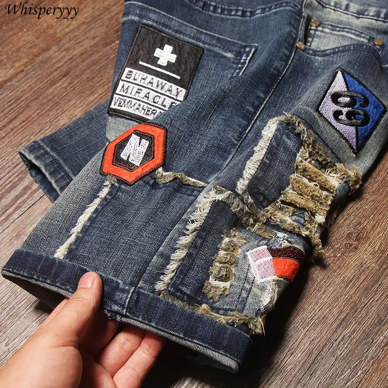 Summer Hole Patch Embroidered Denim Shorts Men Clothing Streetwear Five-point Pants  Badge Casual Jeans Pants Hip-hop Breeches