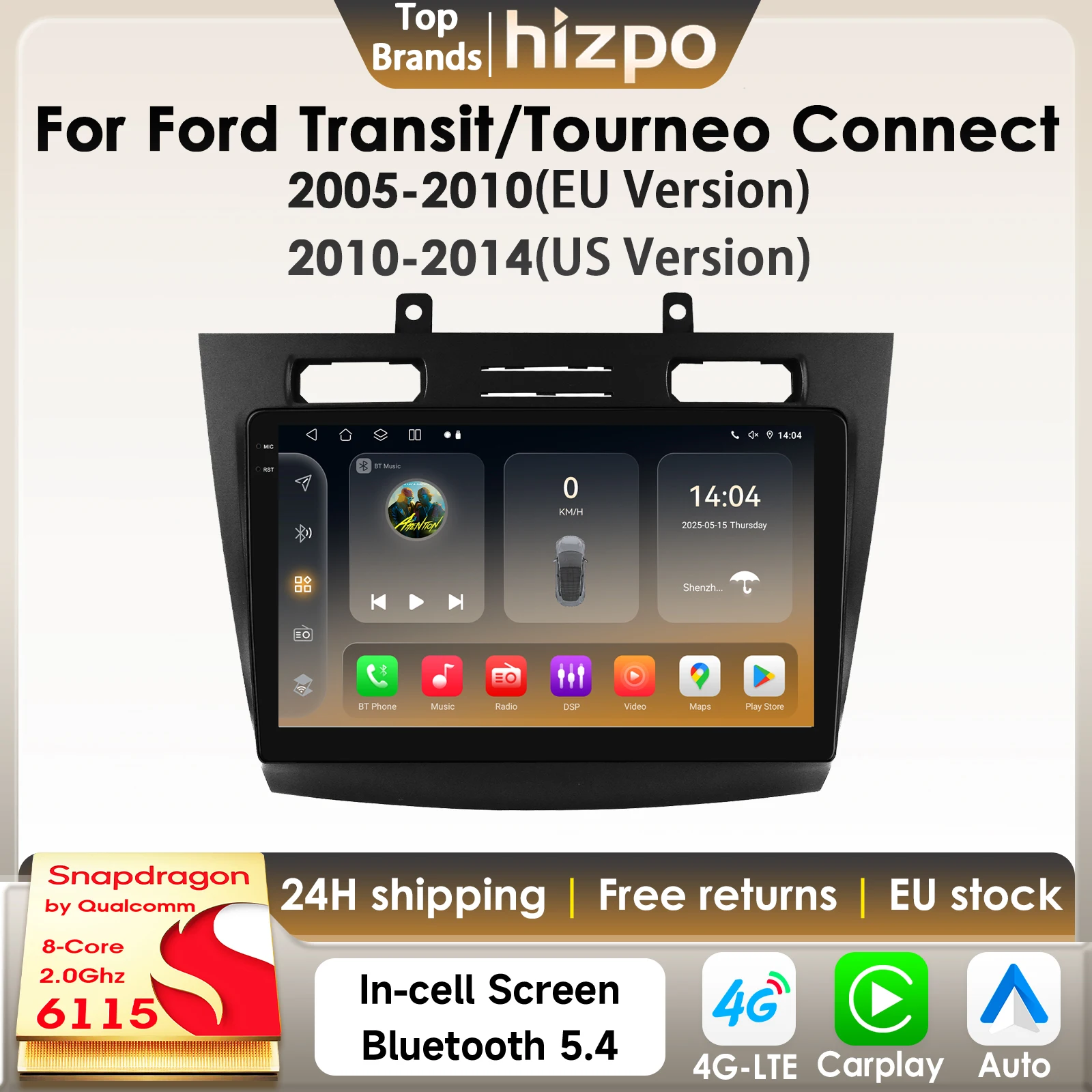 Hizpo 8 Core 2Din Android 14 Auto-Multimedia-Player für Ford Transit/Tourneo Connect 2005–2014 AI Carplay 4G GPS von Snapdragon6115
