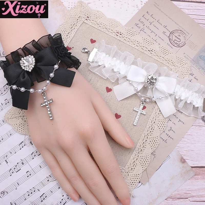 Handmade Japanese mass-produced sweet and cool bead chain rhinestone hand sleeve cross lolita bow ruffle edge bracelet women