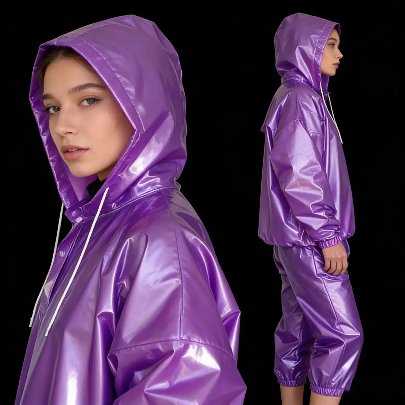 Women Man Hooded Clear PVC Waterproof Rainproof Jumpsuit Raincoat with Trousers Suit Run Motor Biker image 5