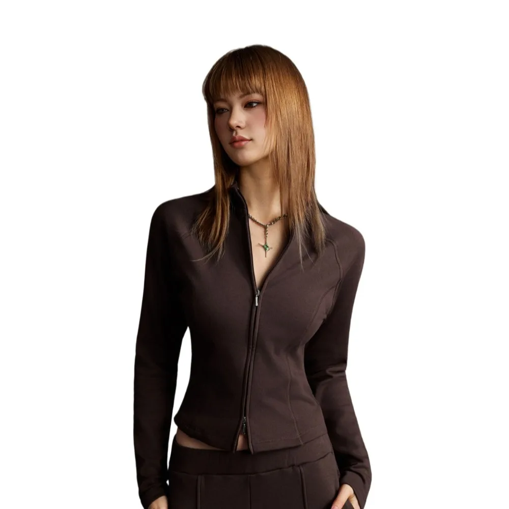 سترة تيسكو بقصة ضيقة، سترة بسحاب جذابة وأكمام طويلة، سترة قصيرة الطول، بكتف مستقيم للنساء