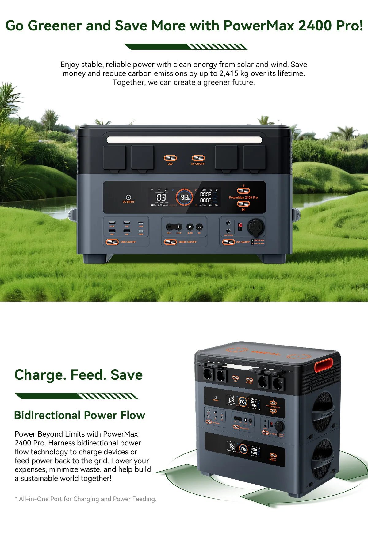 Oscal PowerMax2400pro Tragbare Powerstation, 1,2 Std. Schnellladung, Duale Lautsprecher, Smart-App-Steuerung & Überwachung, 2016Wh 2400W Generator – Detail 21