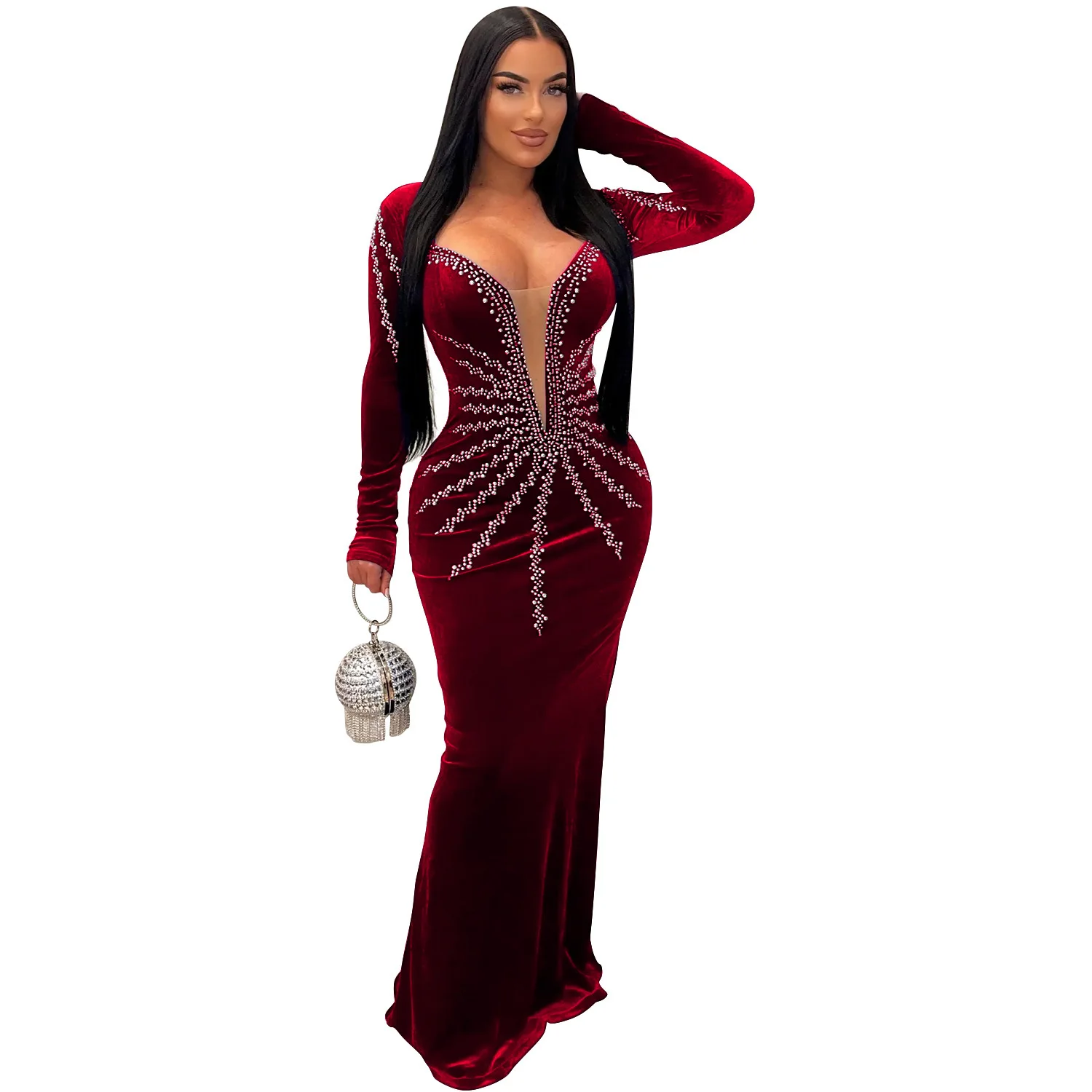 

Sexy Party Club Prom Nightclub Solid Color Hot Rhinestone Long Sleeve Long Dresses