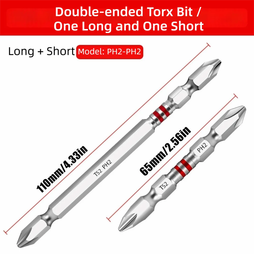 4pcs/Set S2 Steel Double Head Screwdriver Bit Impact Resistant High Hardness Impact Screwdriver Bit 65-110mm Power Tool Bit