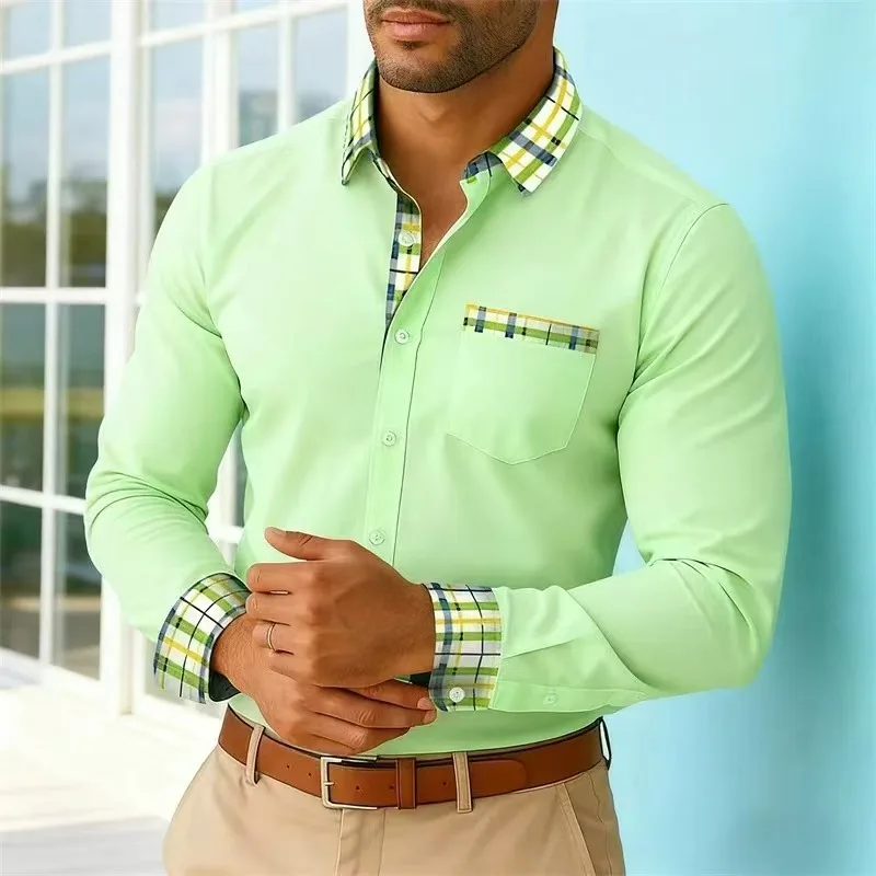 Men's elegant long sleeved shirt with checkered collar and colorful blocks, high-quality top for business and leisure