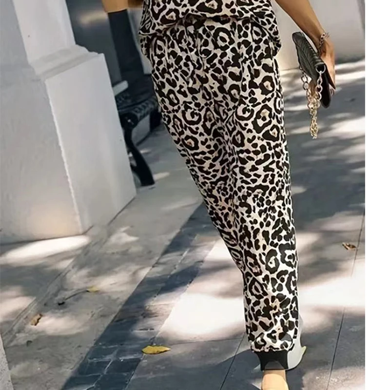 Fashion Leopard Print Women Blouse New Loose Long Pants 2 Two Piece Set Elegant O Neck Short Sleeve Vintage Outfits Suit Clothes