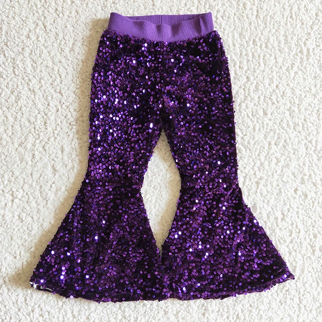 Wholesale Kids Boutique Clothing Baby Girl Sequins Purple Color Soft Comfortable Children Bell Bottoms Pants