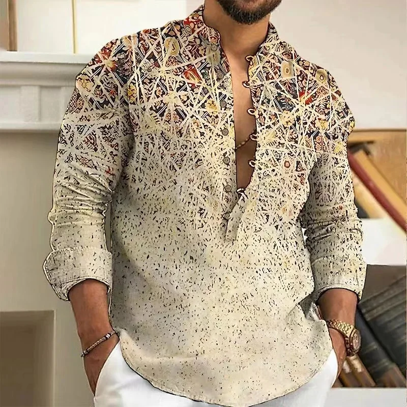 

2024 Spring and Autumn Men's Shirt Long Sleeve Loose Casual Button V-Neck Seven-Breasted Beach Shirt Multicolor Henley Shirt