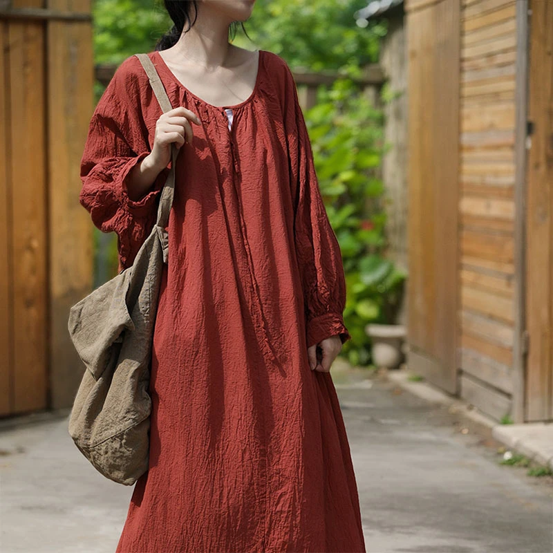 

Oversized Women Casual Dress New Arrival 2025 Spring Vintage Style O-neck Solid Color Loose Female A-line Long Dresses M1512