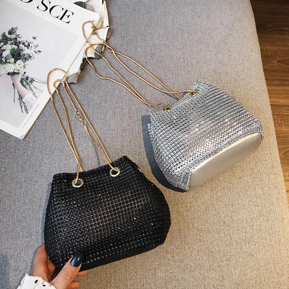 

Trendy Rhinestone Bucket Bag Women'S Underarm Bag Evening Party Clutches Storage Totes Shining Crossbody Bags Chain Handbag