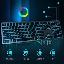 Teclado retroiluminado para jugadores, dispositivo inalámbrico recargable de tamaño completo con Bluetooth, para Windows, Mac, OS, tableta Android