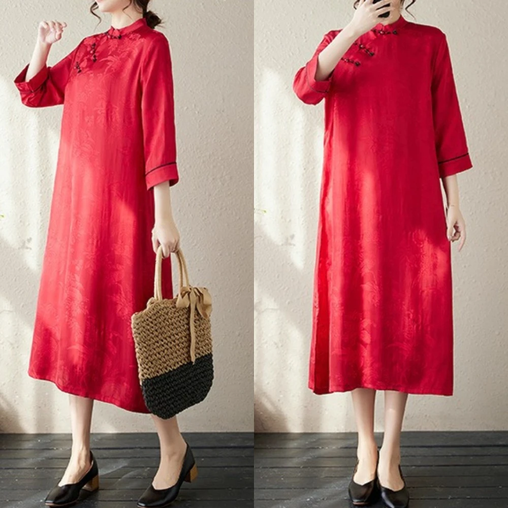 ดอกไม้ Vintage Robe ชุดหัวเข็มขัดสีแดงสไตล์จีนบางสีทึบ Jacquard Cheongsam ผู้หญิงฤดูใบไม้ผลิฤดูร้อน