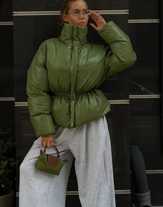 Solid Glossy Puffer Jacket Elastic Waist Stand Collar Peplum Hem Zip-up Back Thick Padded Coat Warm Winter Street Women Coats